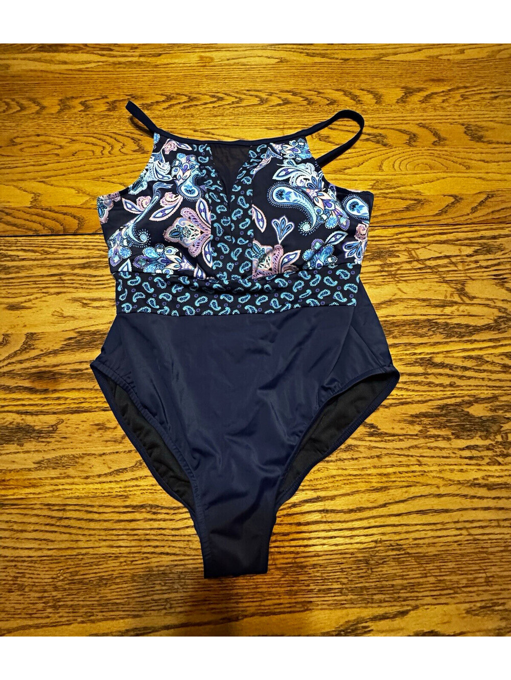Swim Solutions Womens 18 Navy Paisley One Piece Swimsuit Mesh NWOT